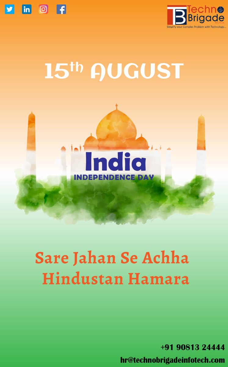 Techno_Brigade's tweet photo. Today is a day to feel proud about being a part of this great nation. May this spirit of freedom lead us all to success and glory in life. 

Happy Independence Day.

 #independenceday2022 #vandematram #hindustan  #proudtobeindian  #bharatmatakijai #technobrigadeinfotech #tbiteam https://t.co/P1G5Eg2izE