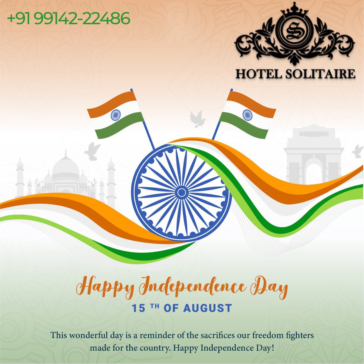 MittalMnaish's tweet photo. Wishing all of you a Happy 75th Independence Day.

Today is a day to feel proud about being a part of this great nation. May this spirit of freedom lead us all to success and glory in life

#hotelsolitaire  #IndependenceDay #IndependenceDay2022
#15thAugust #IndiaAt75 #azadikamaho https://t.co/igx6Ghw5VF