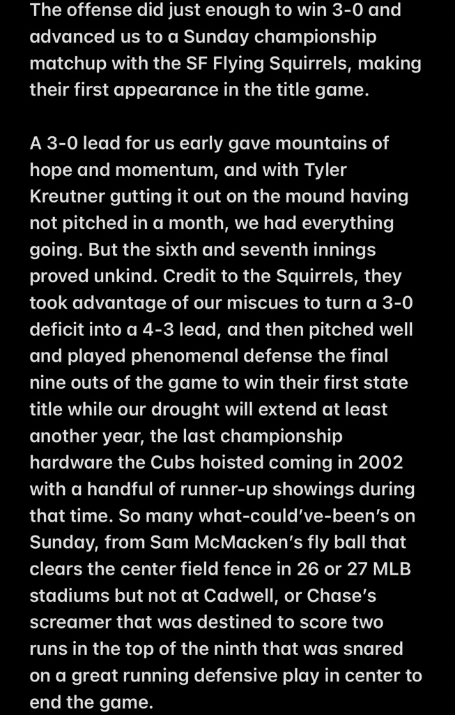 brookingscubs's tweet photo. So much to say and only 280 characters to do it with.

That’s where four screenshots help…

Final game of the season didn’t go our way. A 3-0 lead slipped away in a 4-3 loss in the state title game.

Thanks to our sponsors, families, and friends for everything this season! https://t.co/d6sGTg4tME
