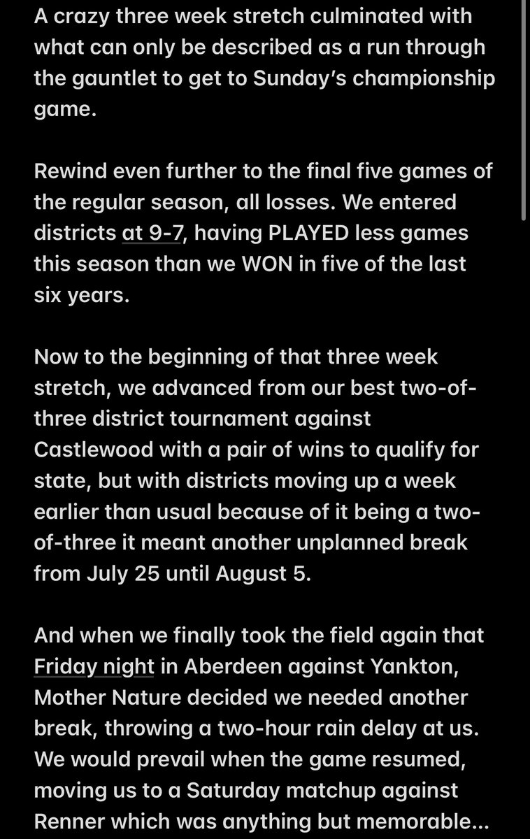 brookingscubs's tweet photo. So much to say and only 280 characters to do it with.

That’s where four screenshots help…

Final game of the season didn’t go our way. A 3-0 lead slipped away in a 4-3 loss in the state title game.

Thanks to our sponsors, families, and friends for everything this season! https://t.co/d6sGTg4tME