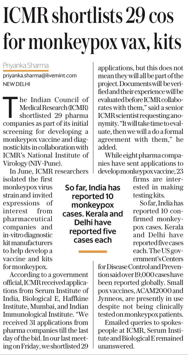 journo_priyanka's tweet photo. #ICMR shortlisted 29 #pharma companies as part of its initial screening for developing a #monkeypox vaccine and diagnostic kits in collaboration with ICMR’s National Institute of Virology (NIV-Pune). I report @livemint 
https://t.co/TmIvaeSlVC https://t.co/0uzJoEQjHT