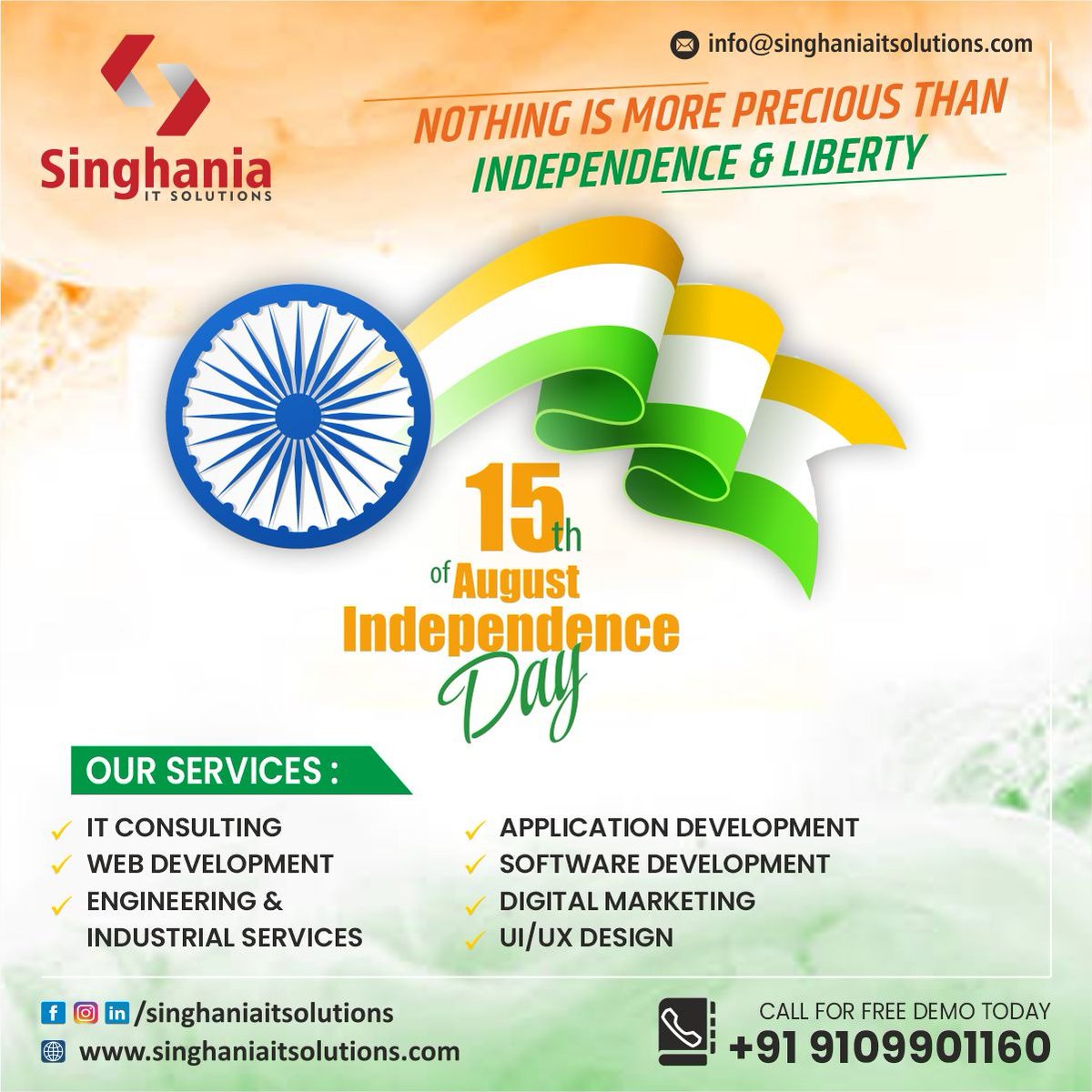 singhaniait's tweet photo. Freedom is never dear at any price. it is the breath of life. What would a man not pay for living?

🇳🇪🇳🇪 Happy Independence Day To All Of You.🇹🇯🇹🇯
#HappyIndependenceDay  #HappyIndependenceday2022 #happyindependencedayindia  #AazadiKaAmritMahotsav #aazadi  #singhaniabuildcongroup https://t.co/qypbPJixuf