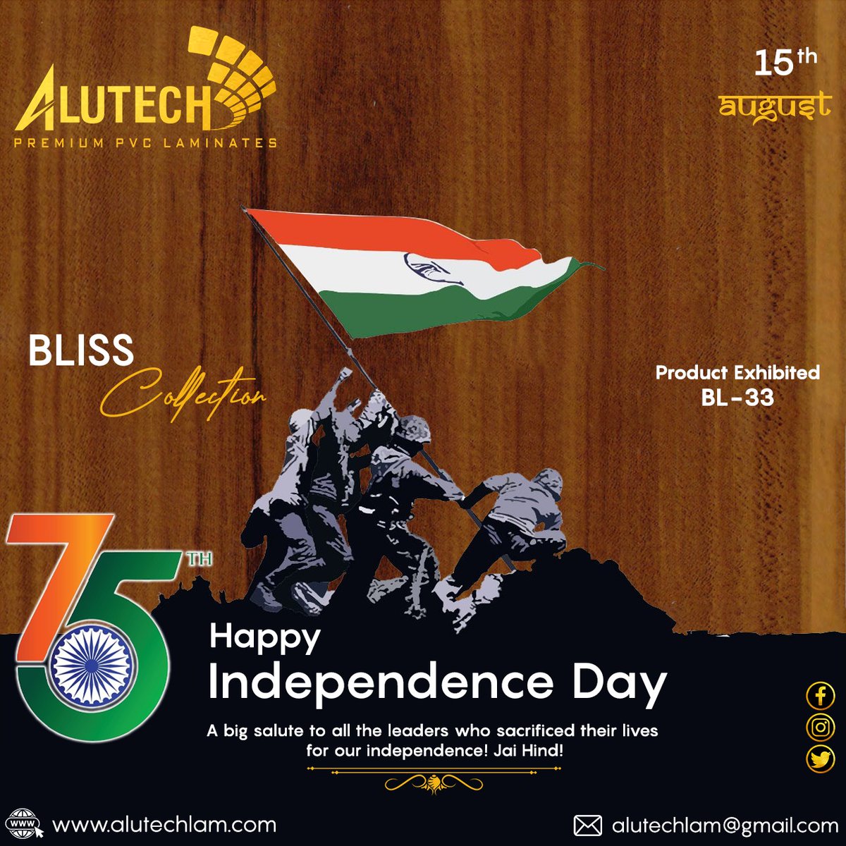 Happy Independence Day✨✨
"A big salute to all the leaders who sacrificed their lives for our independence! Jai Hind!
*
**
***
FOR MORE INFO VISIT US AT : alutechlam.com OR DROP YOUR QUERY AT: alutechlam@gmail.com 
#alutech #happyindependenceday #independenceday