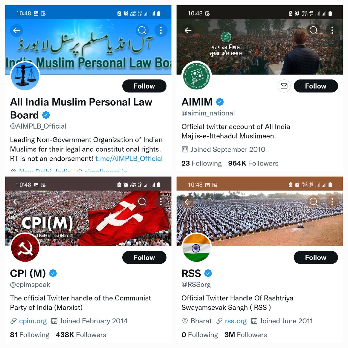 AskAnshul's tweet image. Till 10:48 AM, 15th August 2022, Independence Day.

Profile photos of:
1. AIMPLB
2. AIMIM
3. CPI(M)
4. RSS