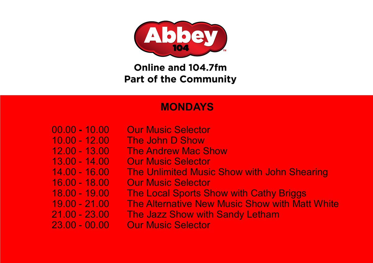 Start your new week by tuning into your very own community radio station Abbey104.
Join our marvellous Monday team of volunteer presenters, bringing you the best in local radio.
Broadcasting locally from the heart of Sherborne every day of the year.
abbey104.com👈