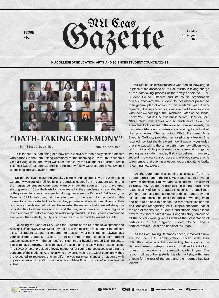 nuceassc's tweet photo. The NU CEAS Student Council Publication features the first edition of "NU CEAS Gazette" entitled "Oath Taking Ceremony" by Sigrid Doux Mia.
https://t.co/po6SUCTx9y
#BeEnthuCEAStic
#CEASelessService
#NUCEASSC
#NUCEASSCGazette https://t.co/2ch7ijAeX1