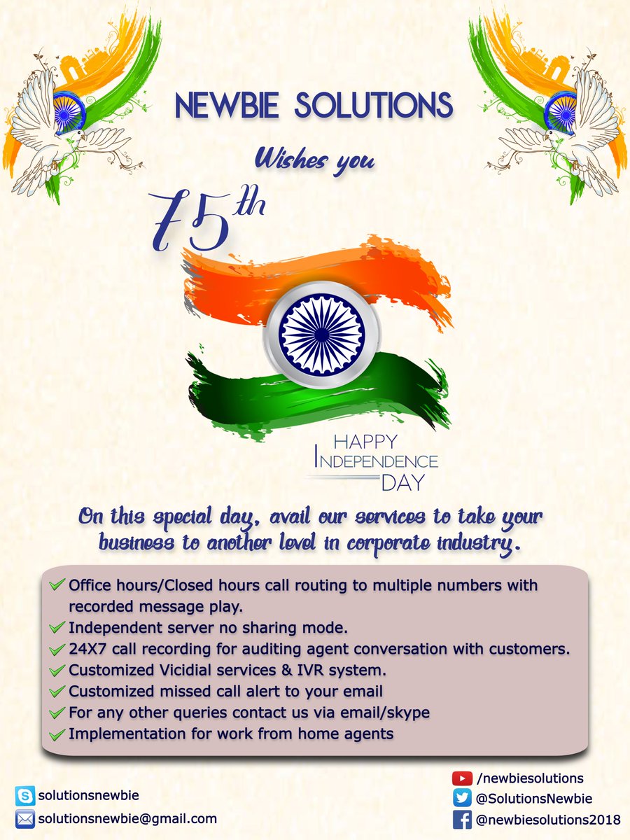 SolutionsNewbie's tweet photo. Here's wishing our fellow Indians a very Happy Independence Day.  
Jai Hind 🇮🇳

#independenceday #indiaat75 #indiaindependenceday #happyindependenceday #AtmaNirbharBharat #india #vicidial #newbiesolutions #callcentre #goautodial #linux #ITsupport #techsupport https://t.co/P1g2xNfCOj
