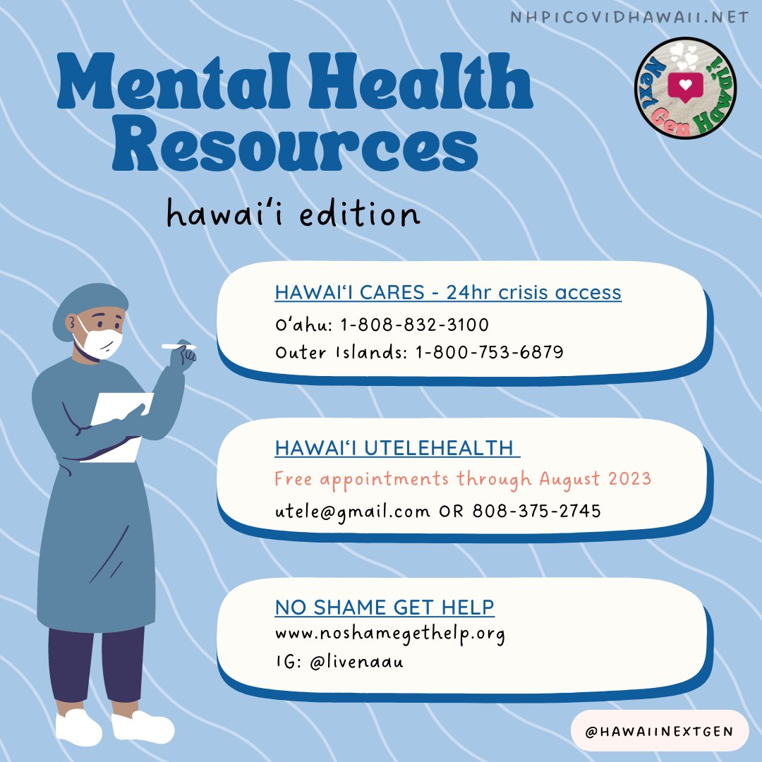 GenHawaii's tweet image. Wondering what mental health resources are available for residents of Hawaiʻi? Swipe through to see what&apos;s the sitch when it comes to getting help. ✌️✨🤩
-
#nextgenhawaii #backtoschooltoolkit