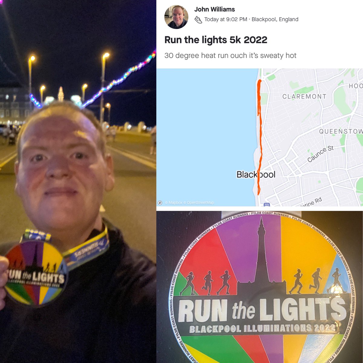 johnpwil's tweet photo. Not a typical #saturdaynight enjoyed #running the @fcrevents #runthelights #5km #blackpool 2022 such a brilliant event in the #hothothot UK #summerheatwave #OTtheOT #lifegoals https://t.co/s4KMY2QCC1