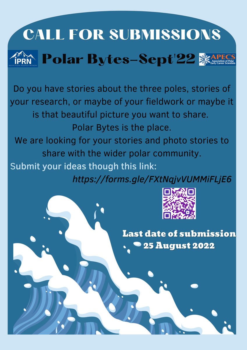 IPRNIndia's tweet photo. Do you have stories about the three poles, stories of your research or may be of your fieldwork or may be some field photographs. Polar bytes is the place to share.
Call for Polar bytes second edition 2022 is open. Last date of submission is 25 August 2022. https://t.co/2VogTivf1m