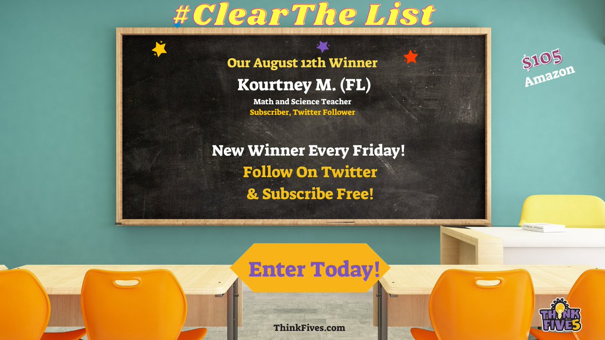 #MeetTheTeacher who won our Amazon gift card drawing this week, Congrats Kourtney! 🧑‍🏫❤️
 
Let's continue to #clearthelist  <a href="/AmazonWishlists/">#AmazonWishlist</a>
Follow us <a href="/ThinkFives/">ThinkFives</a> and check out thinkfives.com for the chance to win $105. 

Reply to this Tweet...RT, RT ⭐️ #clearthelist2022