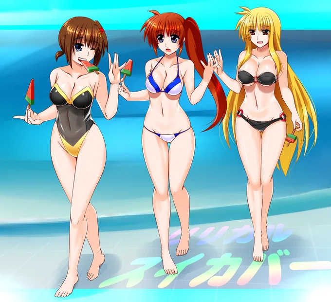 プールサイドの3人です。そりゃプールサイドだから水着です。自然な、流れです。^^#リリカルスイカバー2022 