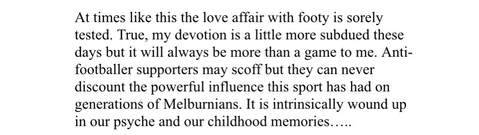 charlottespide's tweet photo. an excerpt from one of my grandmothers short stories,
“Not Just A Game”written in 2005.
still holding true 17 years on.
@CarltonFC @AFL #carlton #bluebagger #CarltonFC #melbourne https://t.co/sQ2CipUXKQ