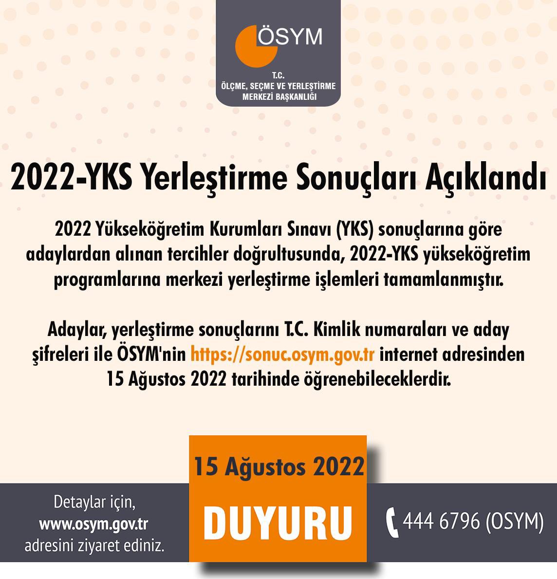 2022-YKS Yerleştirme Sonuçları Açıklandı.