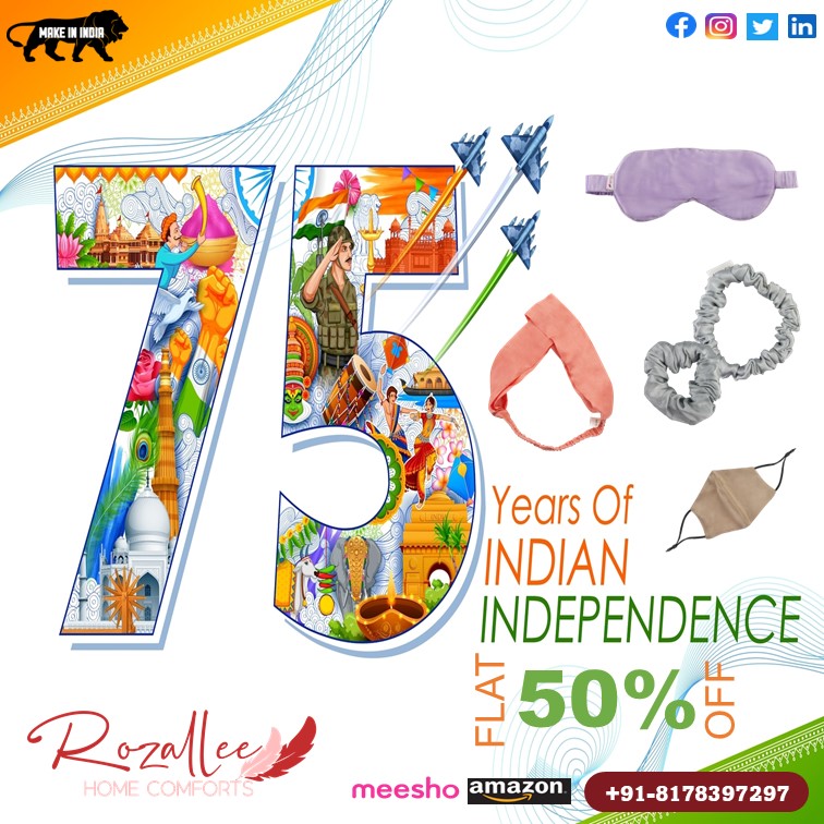 rozallee's tweet photo. HAPPY INDEPENDENCE DAY
Celebrate 75 Years of Independence
with Rozallee Home Comfort which brings you 
FLAT 50% off on all products
Available on Amazon and Meesho
WhatsApp: +91-8178397297
#rozallee #rozalleehomecomfort #silkproducts #silk #silkfacemask #silkscrunchies https://t.co/dsOUmpsuXD