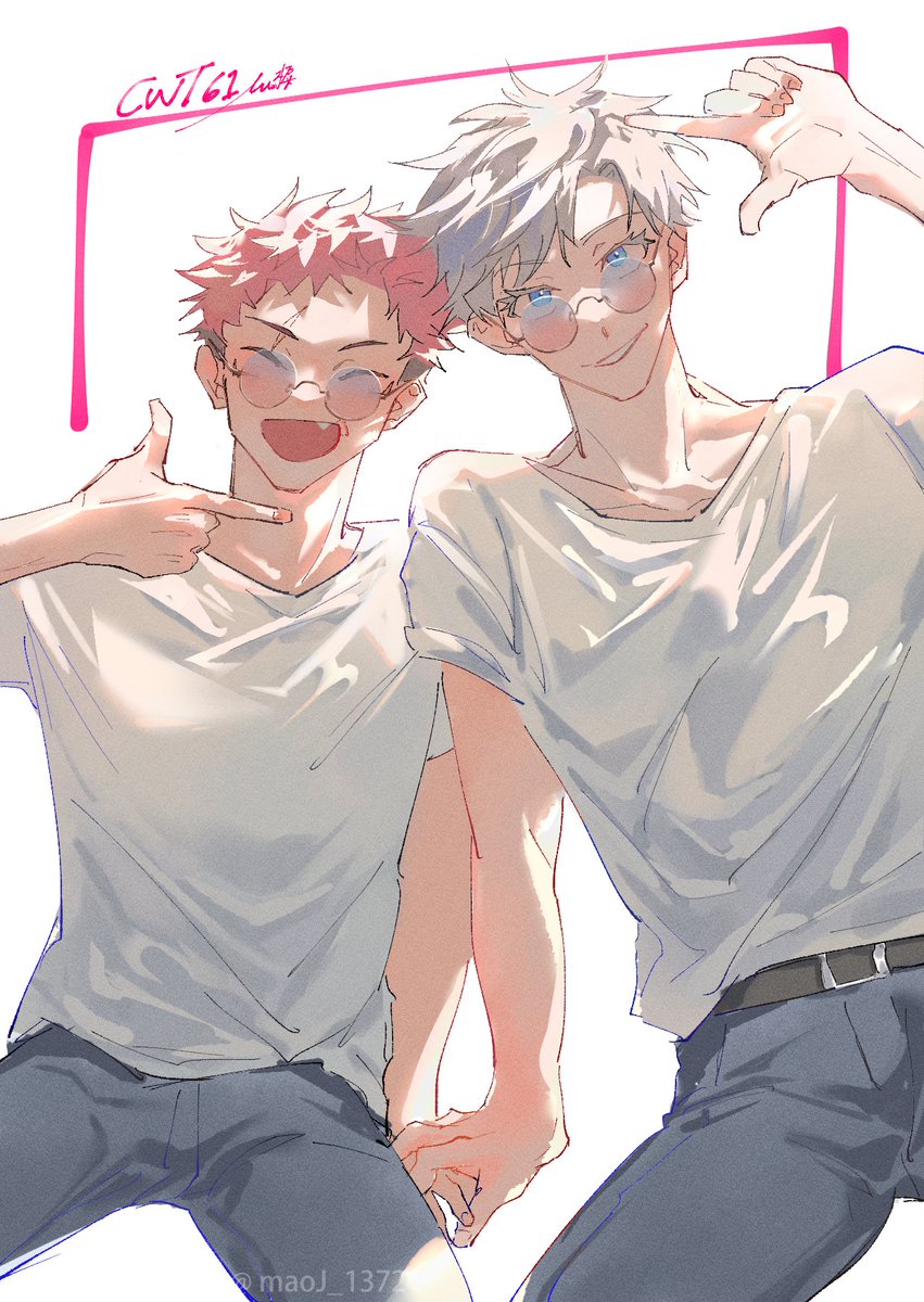 gojou satoru ,itadori yuuji multiple boys blue eyes male focus 2boys shirt pants white shirt  illustration images