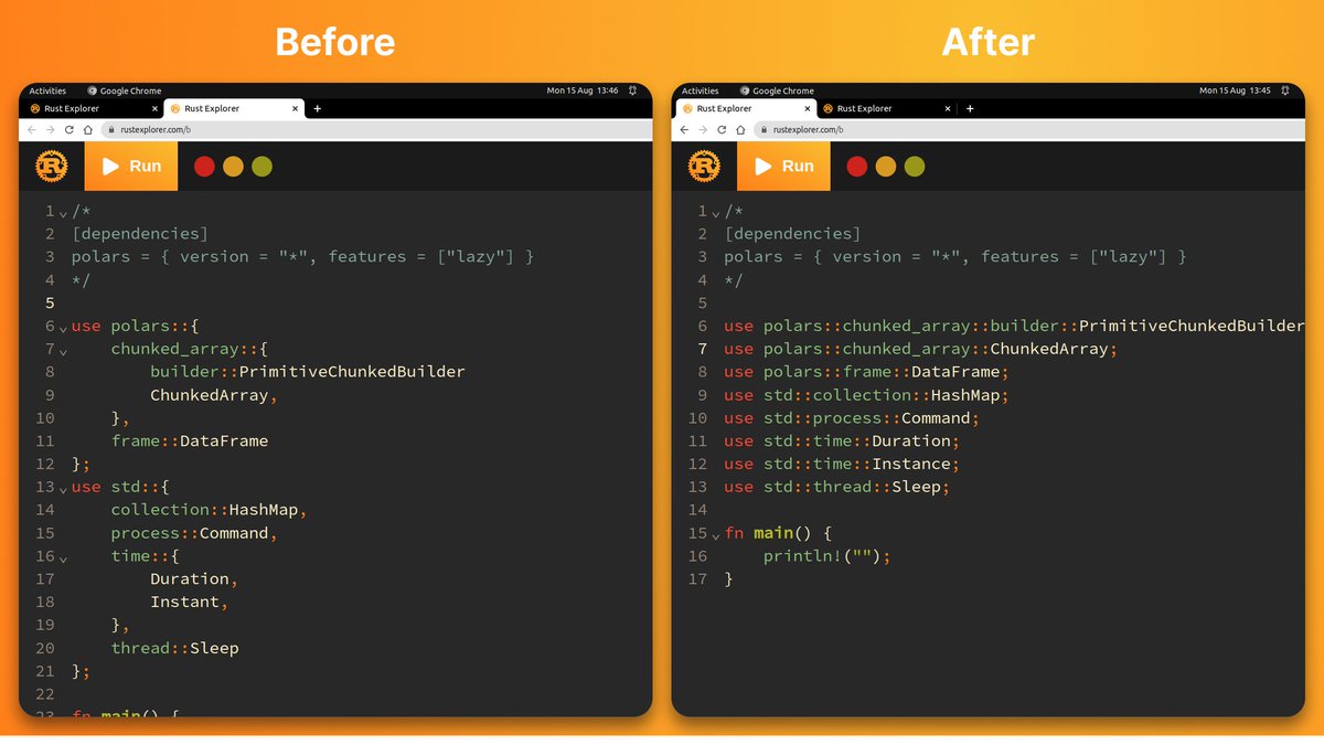 RustExplorer's tweet photo. Make your Rust code more readable/writable

✅ Write the full path for each item.
✅ Order alphabetically.

In this example, if you want to remove ChunkedArray you can simply delete the line and don't need to restructure chunked_array::builder.

#rustlang https://t.co/HuRP1mTvPT