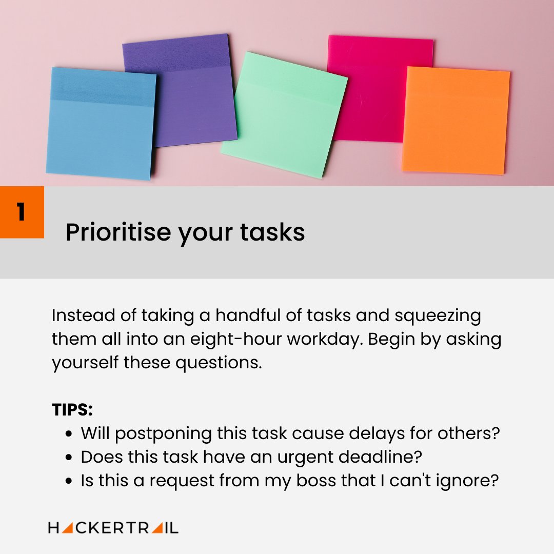 hackertrail's tweet image. Welcome to our #MondayTalkingPoints.

👉🏻 Managing your time the right way can improve your productivity tremendously. Here are some tips for you! 

#GetReadywithHT #jobsintech #techjobs #HackerTrail #hiring #Singapore #India #Malaysia