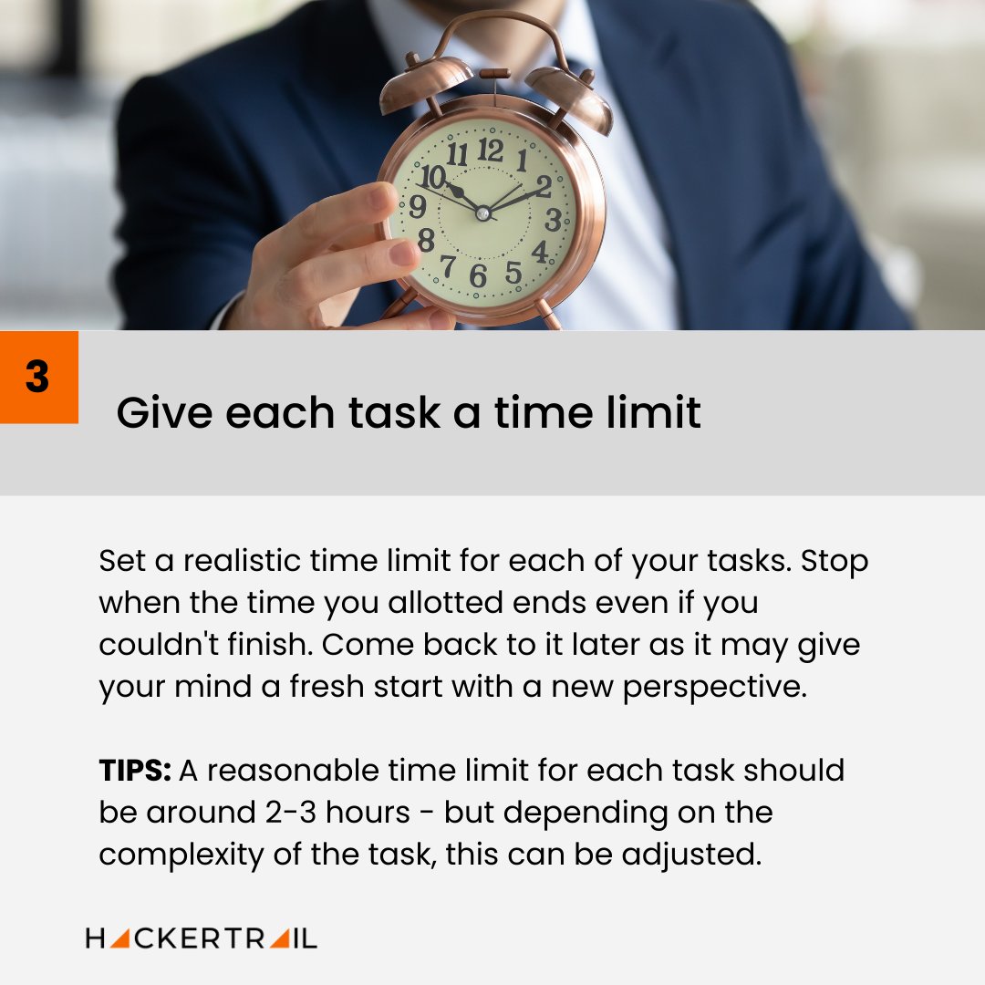 hackertrail's tweet image. Welcome to our #MondayTalkingPoints.

👉🏻 Managing your time the right way can improve your productivity tremendously. Here are some tips for you! 

#GetReadywithHT #jobsintech #techjobs #HackerTrail #hiring #Singapore #India #Malaysia