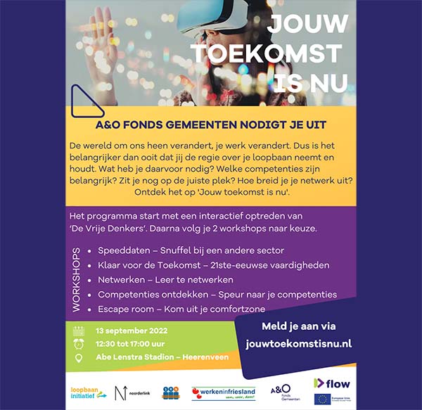 Werkgevers hebben medewerkers nodig die goed passen in een snel veranderende omgeving. Het is daarom belangrijk dat werknemers de regie over hun loopbaan nemen. Hoe? Meld je aan voor de netwerkbijeenkomsten van A&amp;O en FLOW tijdens Jouw Toekomst is Nu.
aeno.nl/kom-ook-naar-j…