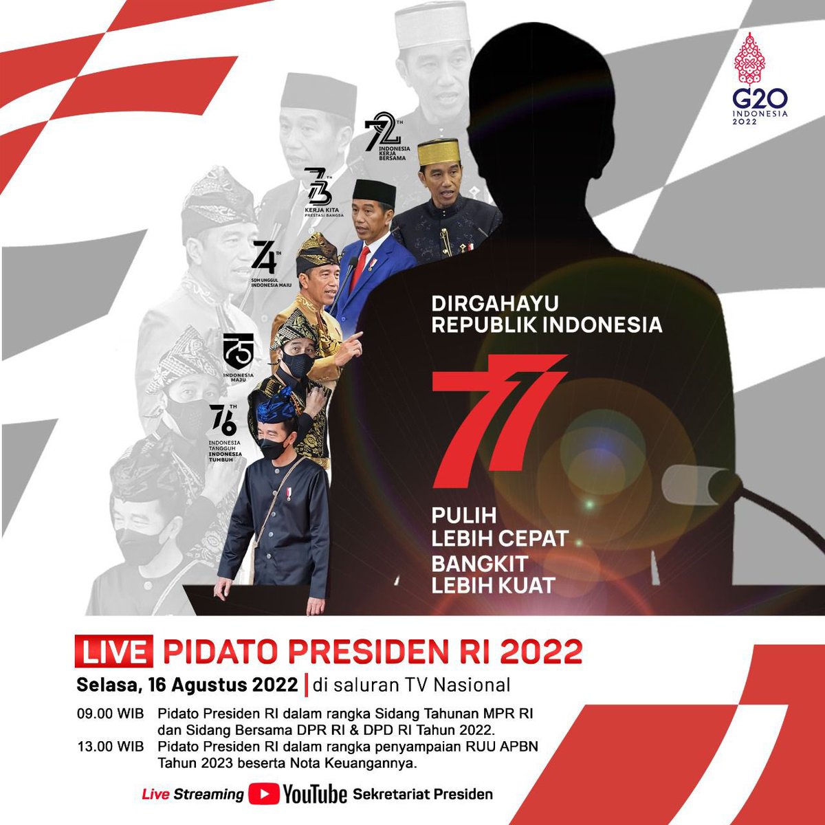 IndiHome's tweet photo. Sobat, Presiden @jokowi akan menyampaikan pesan ke seluruh anak Bangsa

Jam 09.00 WIB Pidato Presiden Republik Indonesia pada Sidang Tahunan MPR dan Sidang bersama DPR &amp; DPD. Jam 13.00 WIB Pidato Presiden pengantar atas RAPBN tahun 2023.

Selamat menyimak ya, Sobat!

#HUT77RI https://t.co/nzRQN35TLa