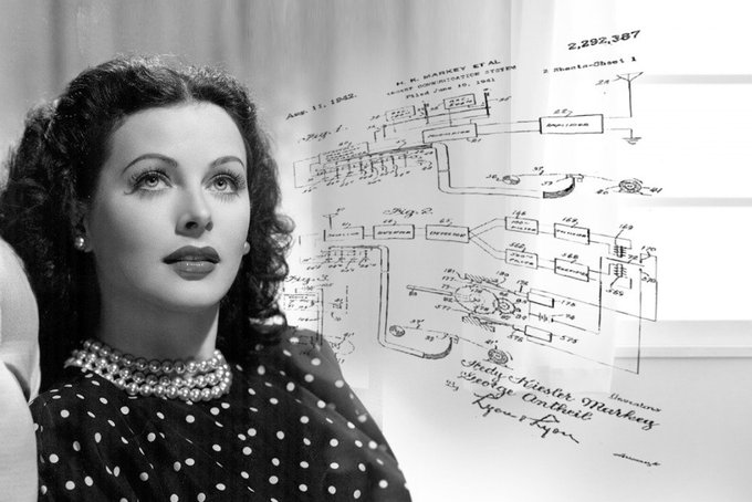 Hedy Lamarr, Austrian born Hollywood actress, was also a designer and inventor who created aviation designs for Howard Hughes and co-patented a “secret communication system”, a step towards contemporary wi-fi #WomensArt