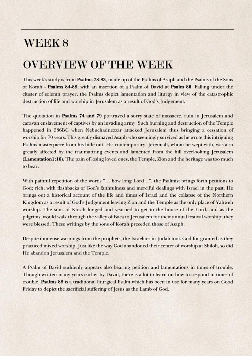 NairobiChapel's tweet photo. This week’s study is from Psalms 78-83, made up of the Psalms of Asaph and the Psalms of the Sons 
of Korah - Psalms 84-88, with an insertion of a Psalm of David at Psalm 86.
#Devotional 
#HymnsofHope https://t.co/zphSA5ke2K