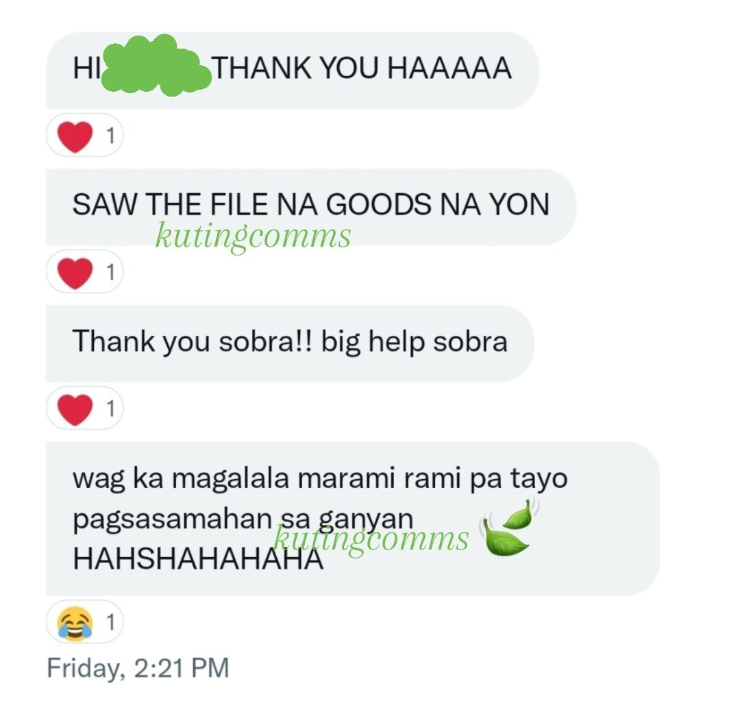 kutingcomms's tweet photo. Both are from the same client, and I have already made two tasks for him. Here's his feedback from last Friday hehe thank you so much for your trust!
Ps. He is a client from overseas and first name basis ang pag adress nya sakin kaya need takpan. >_<
#kutingcomms 63 https://t.co/qJ6gVrf3rU