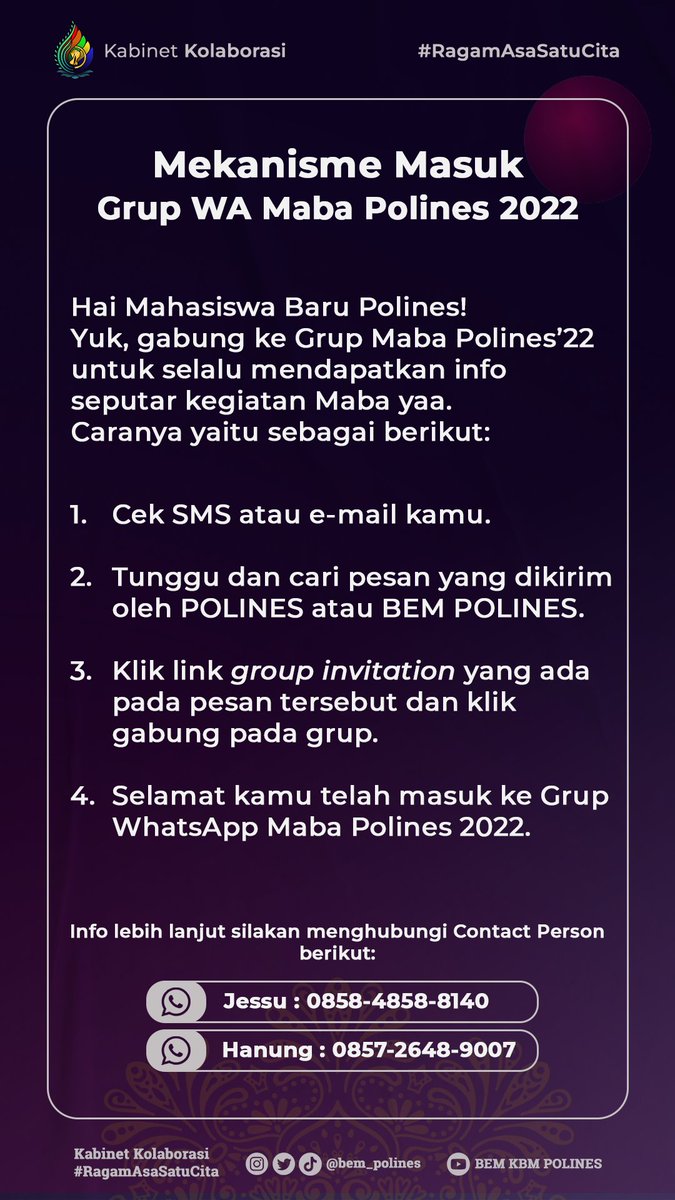 [Info Maba: Grup Mahasiswa Baru Polines tahun 2022]

Hai Mahasiswa Baru Polines!!
Untuk mengetahui seputar kegiatan Mahasiswa Baru bisa join grup kita ya, berikut informasinya