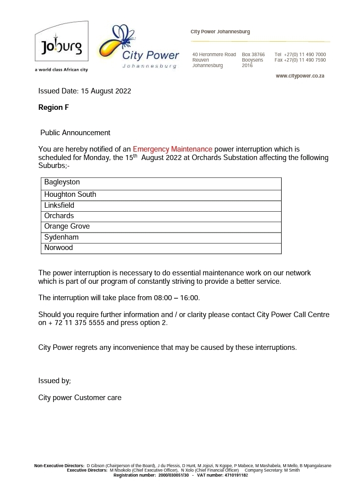 CityPowerJhb's tweet photo. #JoburgUpdates #EmergencyOutage #RegionF #OrchardsSubatation
Please take note of an Emergency Maintenance power interruption scheduled for Monday, the 15th August 2022 at Orchards Substation from 08h00 to 16h00. ^NT https://t.co/uRn3y1kPQB