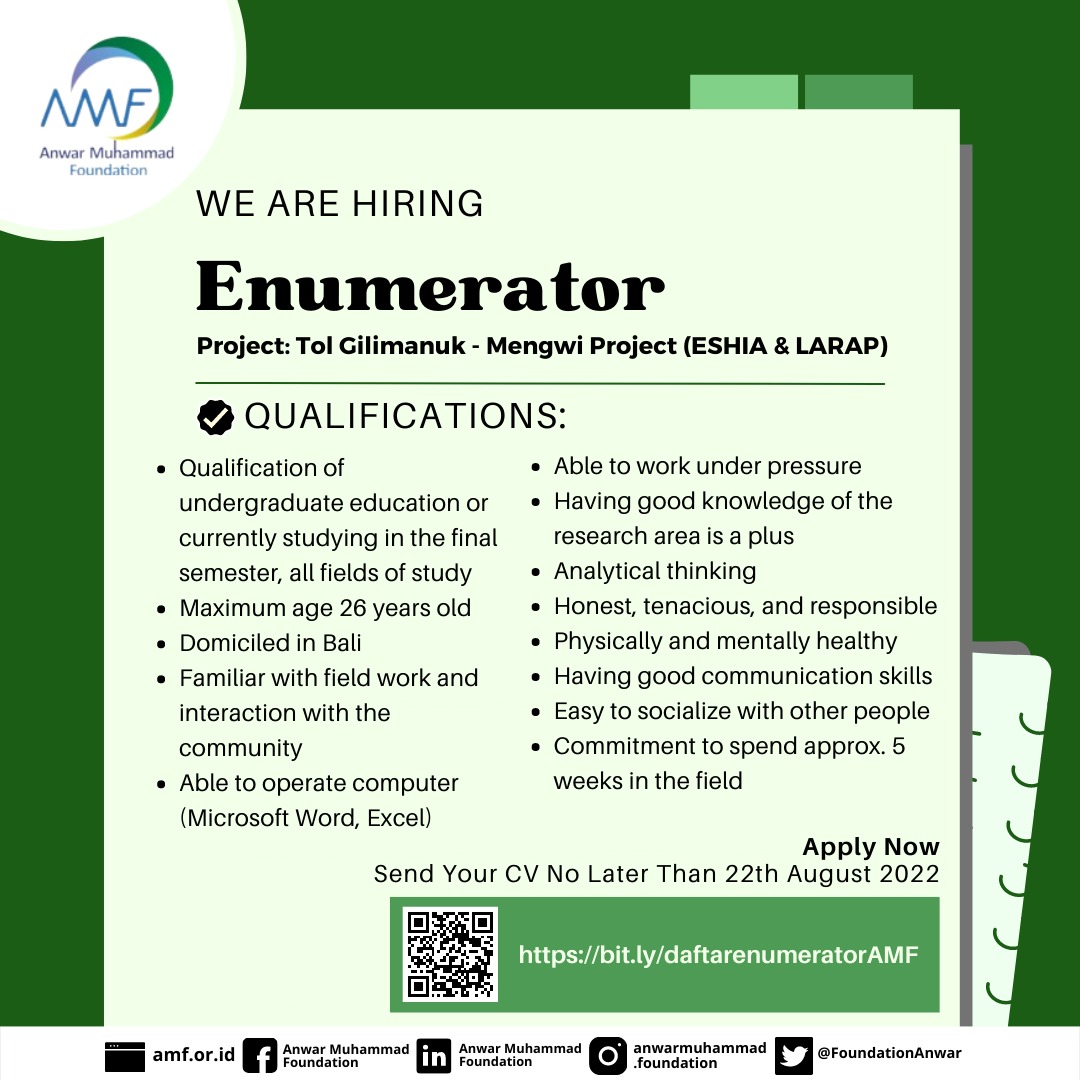 FoundationAnwar's tweet photo. We are hiring: Enumerator,

with the terms and conditions below.

Send your CV by fill in the google-forms link.

#lowongankerja #werehiring #lowker #loker #lokerbali #lowongankerjabali #lowkerbali #AnwarMuhammadFoundation #AMF #LowkerAMF #jobvacancy #jobvacancybali #Indonesia https://t.co/MlPdLQlmvK