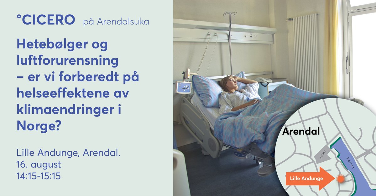 CICERO - Center for International Climate Research (@cicero_klima) on Twitter photo Helse og klima: Hvordan kan vi forberede oss på og redusere negative helsekonsekvenser av klimaendringer? ☀️🌡️😷
Følg oss tirsdag kl. 14:15 med:
<a href="/KrAunan/">Kristin Aunan</a>
<a href="/rodekorsnorge/">Norges Røde Kors</a>
<a href="/FrodeJahren/">Frode Jahren</a>
Ågot Aakre <a href="/Folkehelseinst/">Folkehelseinstituttet</a>
<a href="/ErlendAasheim/">Erlend T. Aasheim</a>
<a href="/Hawatako/">Marian Hussein</a>
<a href="/frp_no/">Fremskrittspartiet</a>
cicero.oslo.no/no/arendalsuka… Helse og klima: Hvordan kan vi forberede oss på og redusere negative helsekonsekvenser av klimaendringer? ☀️🌡️😷
Følg oss tirsdag kl. 14:15 med:
<a href="/KrAunan/">Kristin Aunan</a>
<a href="/rodekorsnorge/">Norges Røde Kors</a>
<a href="/FrodeJahren/">Frode Jahren</a>
Ågot Aakre <a href="/Folkehelseinst/">Folkehelseinstituttet</a>
<a href="/ErlendAasheim/">Erlend T. Aasheim</a>
<a href="/Hawatako/">Marian Hussein</a>
<a href="/frp_no/">Fremskrittspartiet</a>
cicero.oslo.no/no/arendalsuka…