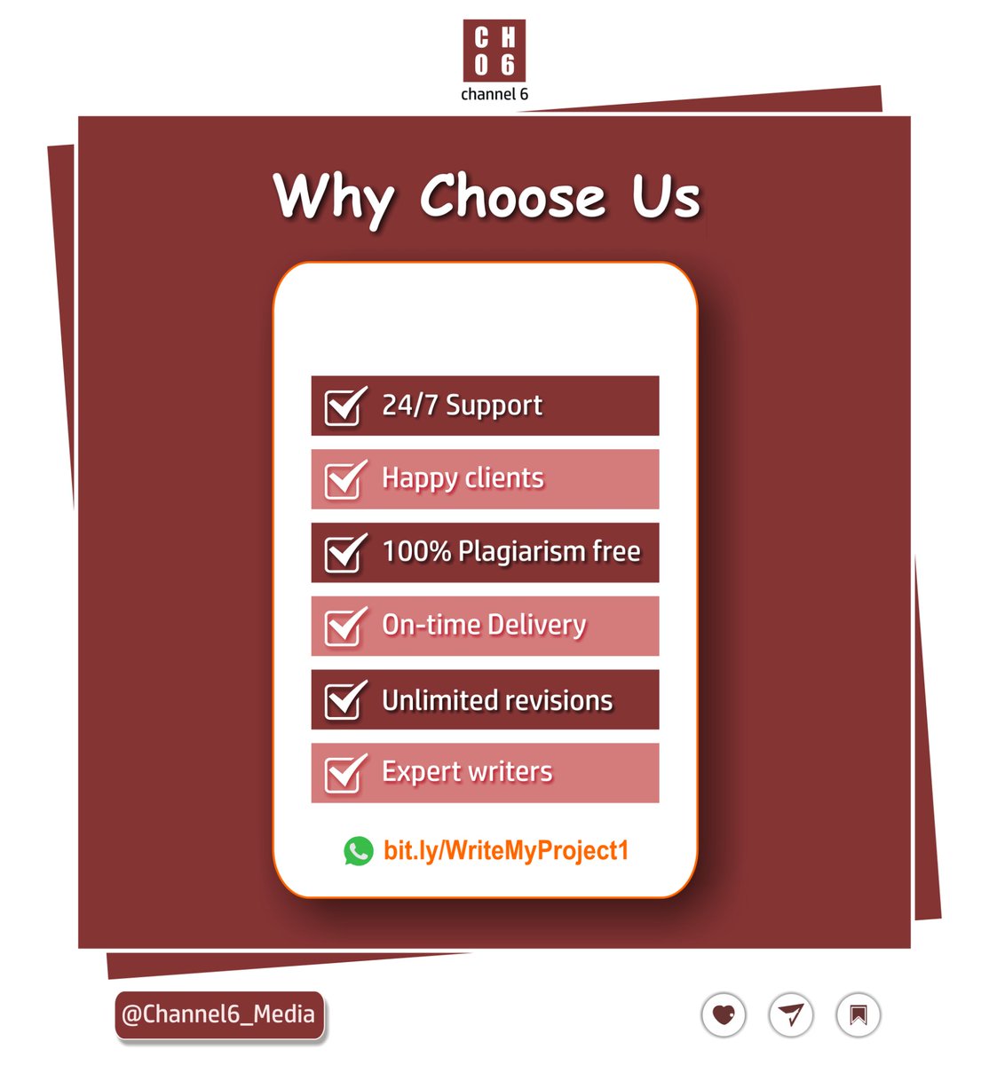 Channel_6media's tweet photo. "WHY CHOOSE US"
Youβve got three choices when it comes to academic writing services:
The Good,
The Bad,
and the Ugly.
Ready more... https://t.co/7rjWvsjiMz
#AcademicWriter #researchpaper #assignmentwriting #ProjectDefence
#Thesis #researchwriting #ResearchWritingServices https://t.co/b5bgCicsQA