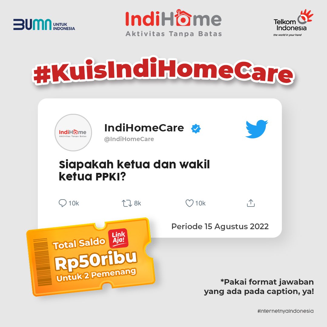 IndiHomeCare's tweet photo. Sobat, ikutan Kuis IndiHome Care, yuk! Tulis jawabanmu sekarang ya, Sobat!😉

Kamu bisa dapetin hadiah saldo LinkAja senilai Rp50.000 masing-masing untuk 2 Sobat beruntung!

Follow @IndiHomeCare dan cantumkan tagar #KuisIndiHomeCare saat menjawab, Sobat! https://t.co/0bAxDMbd6F