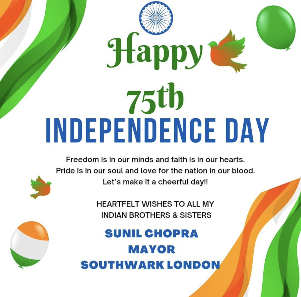 Freedom is in our minds and faith is in our hearts. Pride is in our soul and love for the nation is in our blood. 

Happy 75th Independence Day to all my Indian brothers and sisters. 

Jai hind!