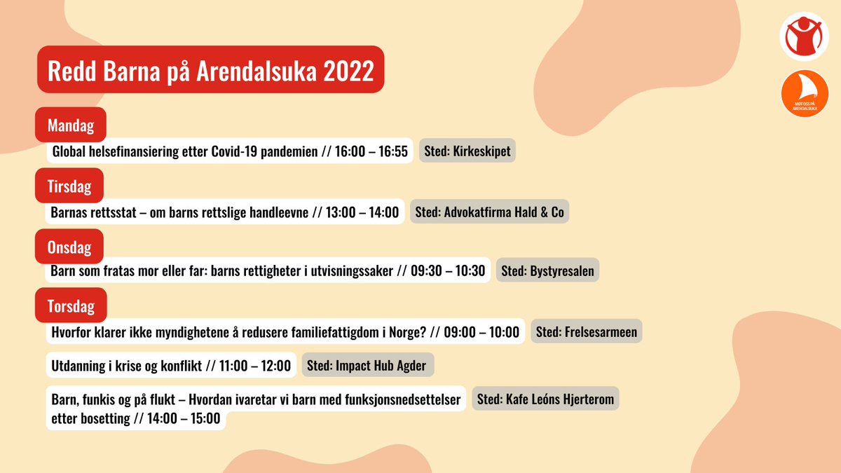 ReddBarna's tweet photo. I dag starter @arendalsuka og Redd Barna er klare. Her er en oversikt over noen av våre arrangementer i løpet av uken. Håper vi ses! @Arbeiderpartiet @Senterpartiet @SVparti @Raudt @Hoyre @frp_no @Venstre @KrFNorge @partiet_sentrum @Partiet https://t.co/nD3p2h0TmJ