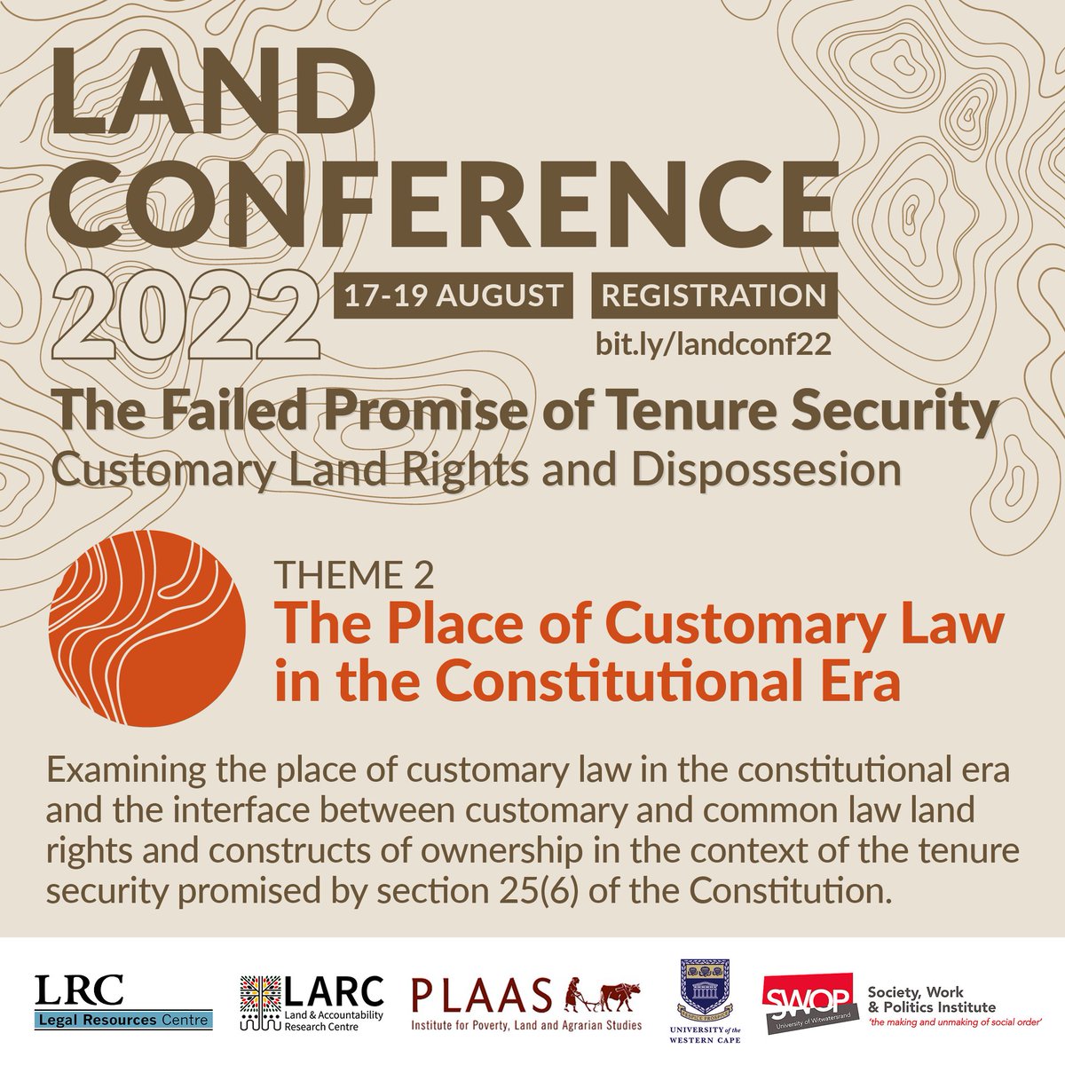 PLAASuwc's tweet photo. 2 days left! 
Our Land Conference on The Failed Promise of Tenure Security: Customary Land Rights and Dispossession takes place in 2 days! Have you registered yet?
One of the themes we’ll be discussing is customary law in the constitutional era. https://t.co/bLon4DJFhd