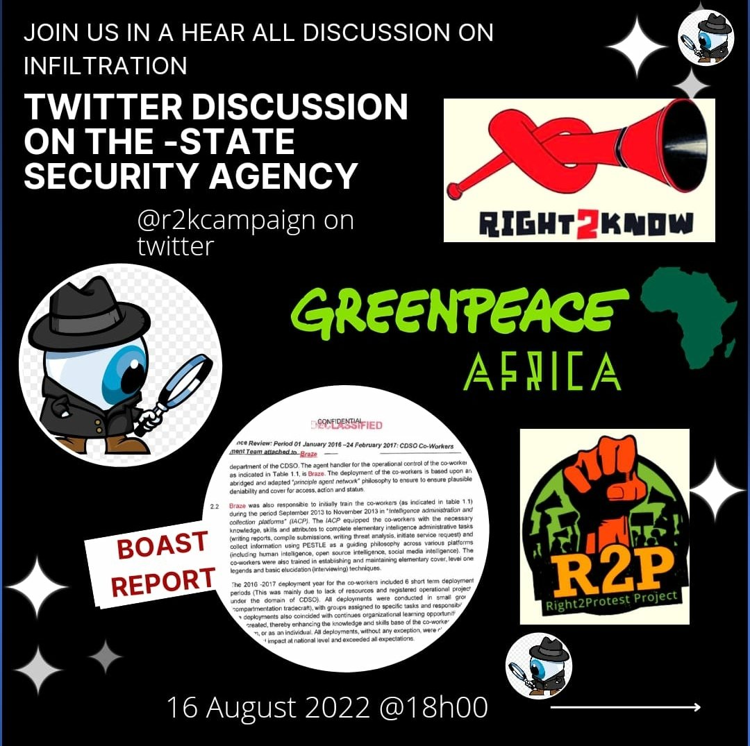 r2kcampaign's tweet photo. ⛔ #DontSpyOnUs ⛔
Join our Twitter Space tomorrow, 16 August, at 18:00 to discuss the @StateSecurityRS infiltration of civil society! >> https://t.co/E1ueUki39b
@StateSecurityRS
@PresidencyZA
@StateCaptureCom
@MinAyandaDlodlo
#CleanUpSSA
#DontSpyOnUs
#SSAReform
#TwitterSpaces https://t.co/oN9N8cIqgv