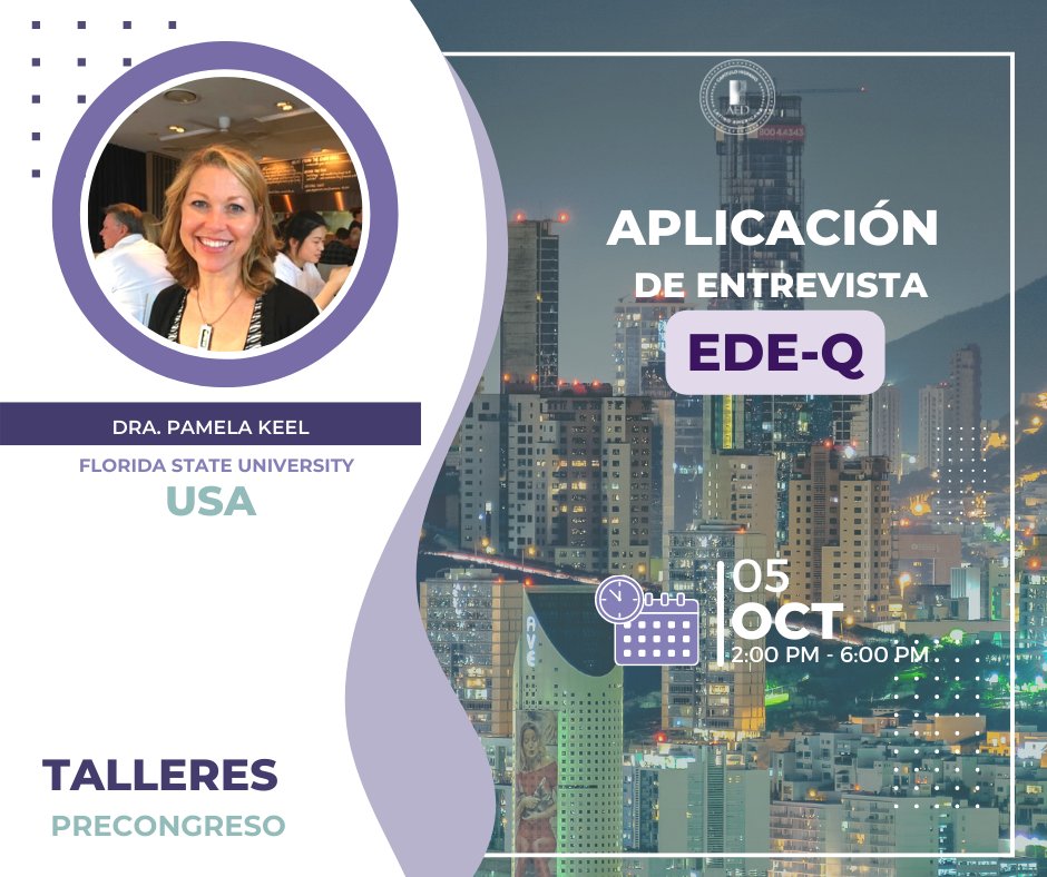 XVII Congreso Hispano Latinoamericano en TCA (@congresotca22) on Twitter photo Conoce a nuestros ponentes
🔔 Dra. Pamela Keel (<a href="/DrPamKeel/">Pamela Keel</a> )
🔈 Aplicación de entrevista EDE-Q
📅 05 de octubre |🕓 2:00 pm
Registro: bit.ly/CongresoTCA
Programa: bit.ly/CongresoTCAReg……
#TCA #EatDisorders #CongresoTCA #Monterrey Conoce a nuestros ponentes
🔔 Dra. Pamela Keel (<a href="/DrPamKeel/">Pamela Keel</a> )
🔈 Aplicación de entrevista EDE-Q
📅 05 de octubre |🕓 2:00 pm
Registro: bit.ly/CongresoTCA
Programa: bit.ly/CongresoTCAReg……
#TCA #EatDisorders #CongresoTCA #Monterrey