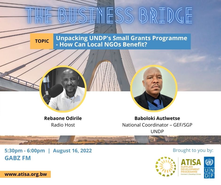 YouthConnektBW's tweet photo. TOMORROW: #TheBusinessBridge on @Gabz_FM w/ Reba will host Baboloki Autlwetse, National Coordinator – GEF/SGP at @UNDP_Botswana to unpack the Small Grants Programme and share details on how local NGOs can benefit. Don't miss this one. Tune-in and keep it locked. #prosperity https://t.co/0uXKYIECO0