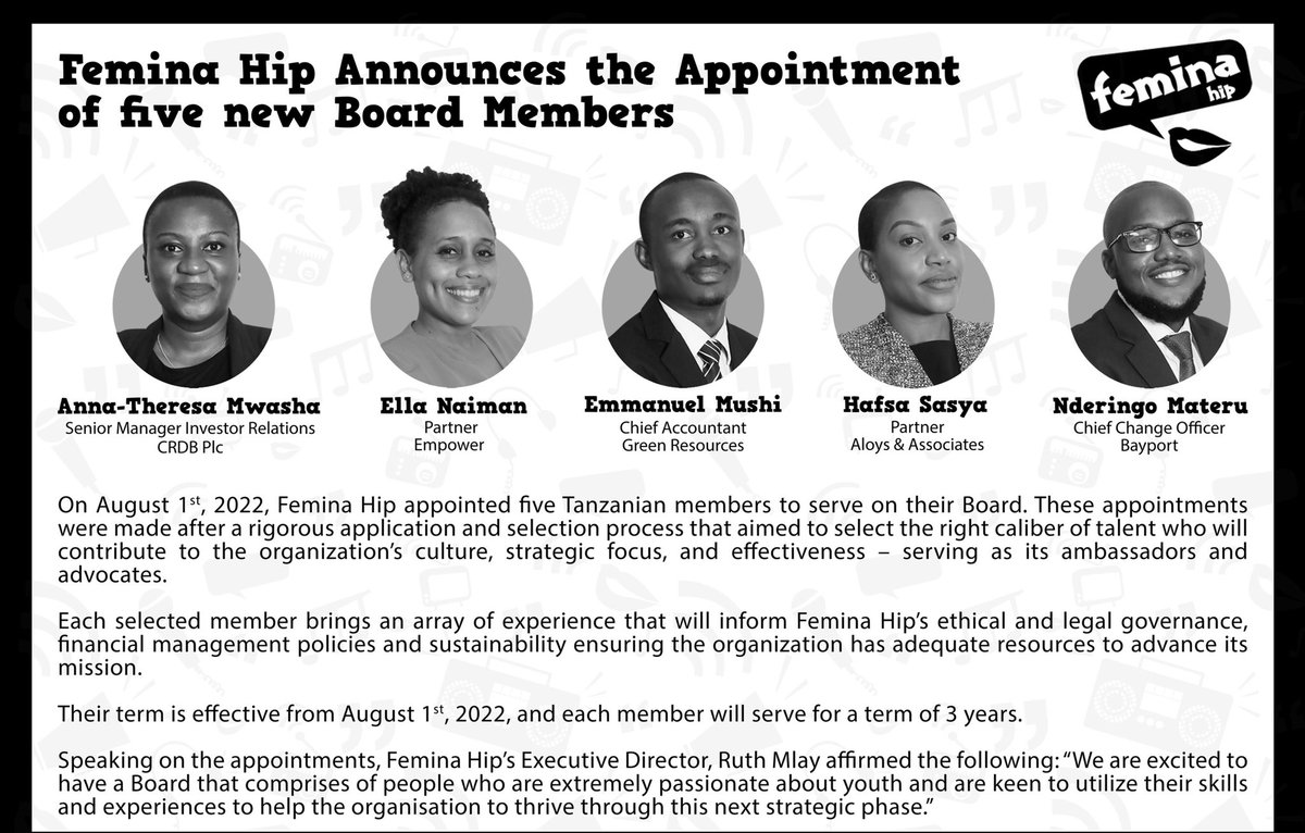 FeminaHip's tweet photo. We are excited to welcome our new board members, who will help us achieve our strategic objectives and steer us toward our ultimate goals.

@Plan_tanzania @CARETanzania @SwedeninTZ @CanadaTanzania @DKAmbTanzania @WV_tanzania @FCSTZ @UNFPATanzania @UNICEFTanzania 

#FeminaHip https://t.co/BK8f3VoplV