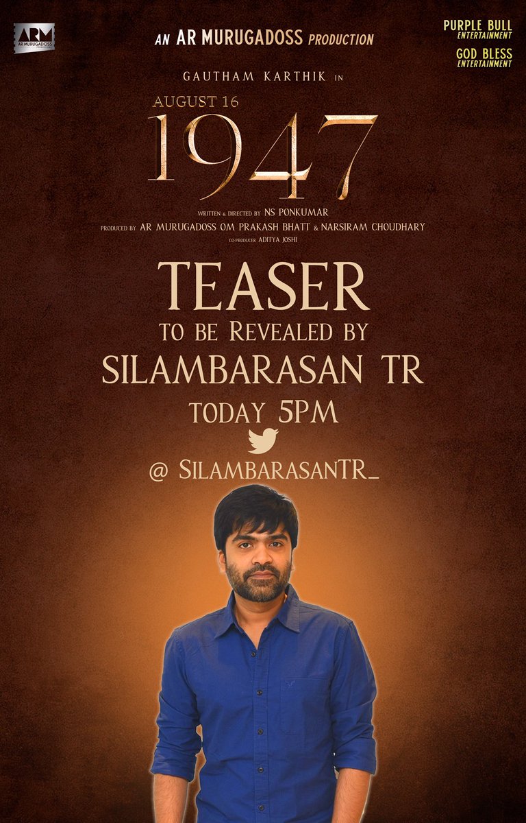 A.R.Murugadoss (@armurugadoss) on Twitter photo Happy Independence Day to all 🇮🇳
Let's celebrate Independence Day with the teaser of #August16_1947, to be launched by @SilambarasanTR today at 5PM.
<a href="/iomprakashbhatt/">Om Prakash Bhatt</a> @adityajeeee #NareshChoudhary <a href="/purplebullent/">Purple Bull Entertainment</a> <a href="/NsPonkumar/">NS Ponkumar</a> <a href="/Gautham_Karthik/">Gautham Ram Karthik</a>
<a href="/RSeanRoldan/">Sean Roldan</a>
<a href="/selvakumarskdop/">selvakumarsk</a> Happy Independence Day to all 🇮🇳
Let's celebrate Independence Day with the teaser of #August16_1947, to be launched by @SilambarasanTR today at 5PM.
<a href="/iomprakashbhatt/">Om Prakash Bhatt</a> @adityajeeee #NareshChoudhary <a href="/purplebullent/">Purple Bull Entertainment</a> <a href="/NsPonkumar/">NS Ponkumar</a> <a href="/Gautham_Karthik/">Gautham Ram Karthik</a>
<a href="/RSeanRoldan/">Sean Roldan</a>
<a href="/selvakumarskdop/">selvakumarsk</a>