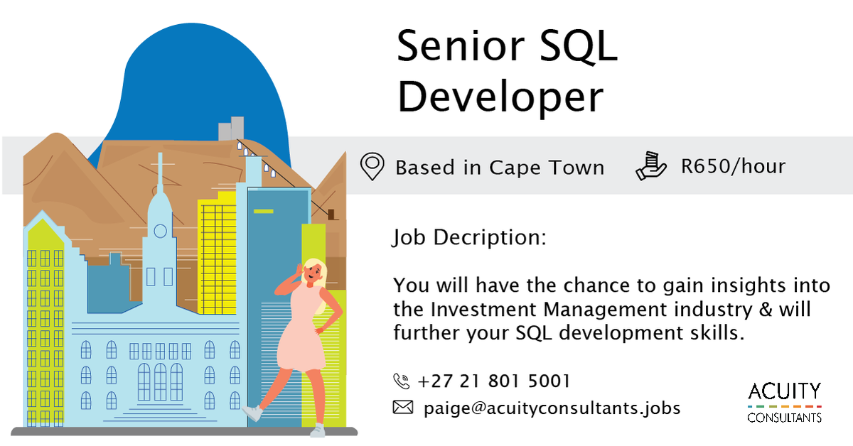 consultacuity's tweet photo. 🎯New #JOB | Senior SQL Developer | 📍 Based in Cape Town |  💰 R650/hour

MORE DETAILS HERE: 👉 https://t.co/sC7j5BEE81 👈

#recruitment #acuityconsultants #jobalert https://t.co/ChvIp86xDp