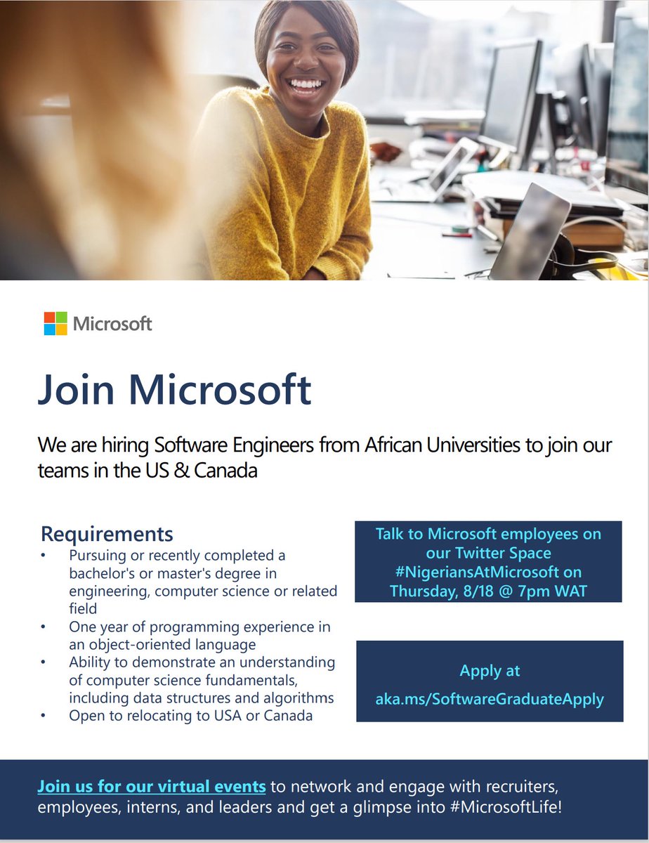 Hey everyone! ✨

I’d be hosting a Twitter Space with <a href="/MicrosoftNG/">Microsoft Nigeria</a> and <a href="/tech_queen/">Chisom Nwokwu🌟</a>, and we’d be discussing US &amp; Canada opportunities <a href="/Microsoft/">Microsoft</a> for new university graduates 🚀⚡️

📆 Thursday, August 18th
⏱ 7pm WAT

Set a reminder ⬇️

x.com/i/spaces/1OdKr…