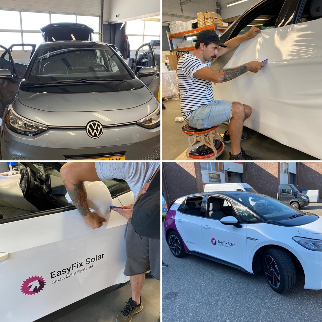 Goosprintensign's tweet photo. Voor EasyFix Solar hebben wij vorige week deze grijze Volkswagen ID.3 volledig mogen #wrappen naar de huisstijl kleuren. Het resultaat mag er zeker zijn! Bedankt voor het vertrouwen en veel veilige kilometers gewenst. 🟣⚪️ https://t.co/PEU66LLvuo