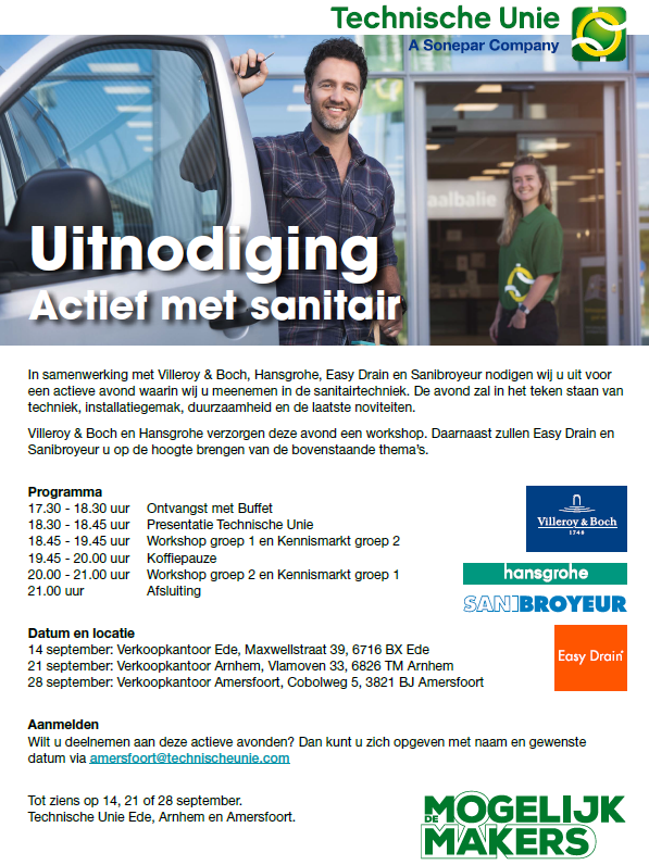 Samen met Villeroy &amp; Boch, Hansgrohe, Easydrain en Sanibroyeur nodigen wij u uit voor een actieve avond in de sanitairtechniek. De avond zal in het teken staan van techniek, installatiegemak, duurzaamheid en de laatste noviteiten.

Aanmelden : Amersfoort@technischeunie.com