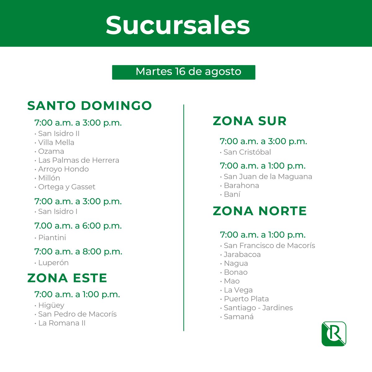 labreferencia's tweet photo. Compartimos con ustedes el horario correspondiente al martes 16 de agosto, con motivo al feriado del Día de la Restauración.
#LabReferencia
#HorariosLabReferencia https://t.co/HQDjaOkHGv