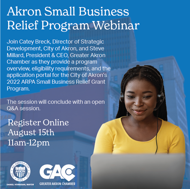 Today is the day! 

Akron's new Small Business Relief Grant Program is open for applications! We are hosting a webinar so you can learn more and ask questions. Please join us! 

TODAY 8.15 @ 11am. 

Register here: members.greaterakronchamber.org/events/City-of…