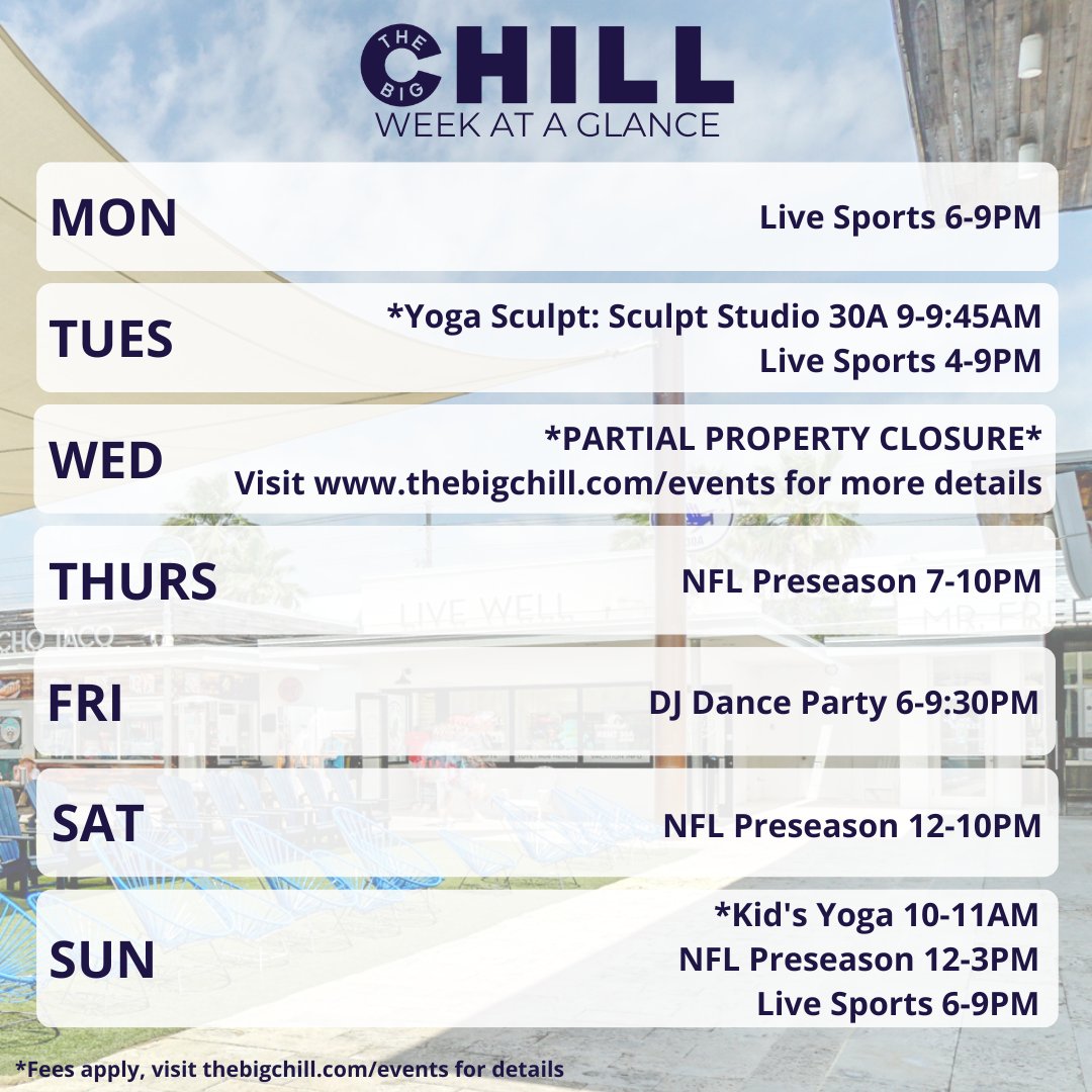 TheBigChill30A's tweet photo. It's that time of year!🏈⚽⚾See what's happening this week and hit the link to check out the jumbotron schedule👉 https://t.co/2ZObCNwDHB

#thebigchill #thebigchill30a #30a #30aeats #30avacation #30avacay #sowal #southwalton #30agetaway #30abeaches #30astyle #hey30a #30aescapes https://t.co/c3sUkzSpGw