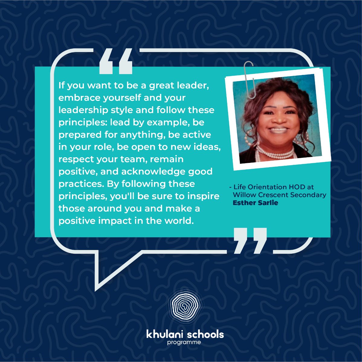 TrevorNoahFdn's tweet photo. Life Orientation Head of Department at Willow Crescent Secondary, Esther Sarlie, shares her unique take on leadership through what she calls a "7-Step Plan for Leadership”. Do you also have a personal leadership plan? Share below!
#WomenInLeadership #SuperSHEroes https://t.co/6IFlWpOMmK